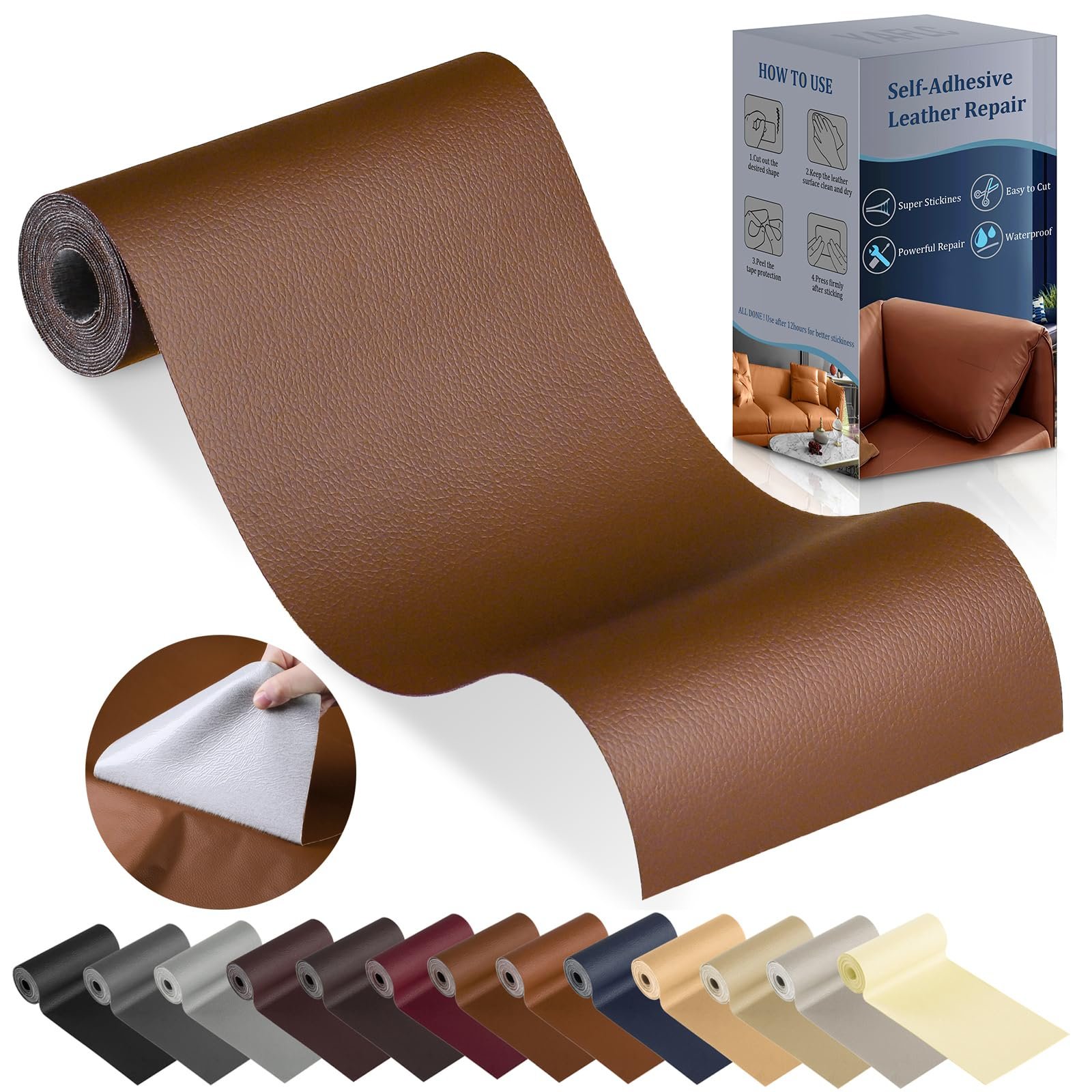 YAFCL Leather Repair Patch for Furniture, 4″ x 63″ Self-Adhesive Tape for Couches, Car Seats, Sofas, Jackets, Handbags – Caramel Brown