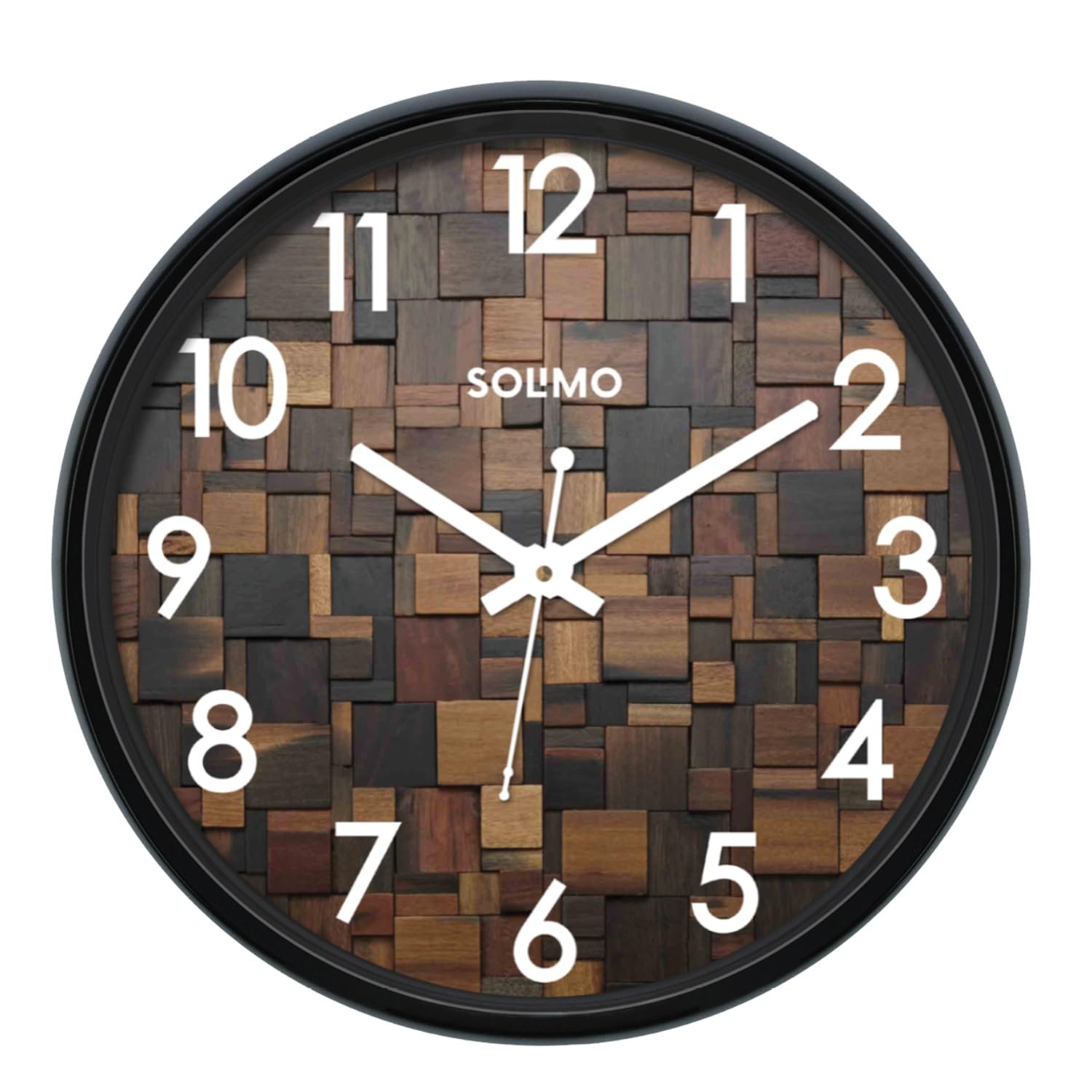 Amazon Brand – Solimo 12-inch Plastic & Glass Wall Clock – Wood Craft (Silent Movement), Black