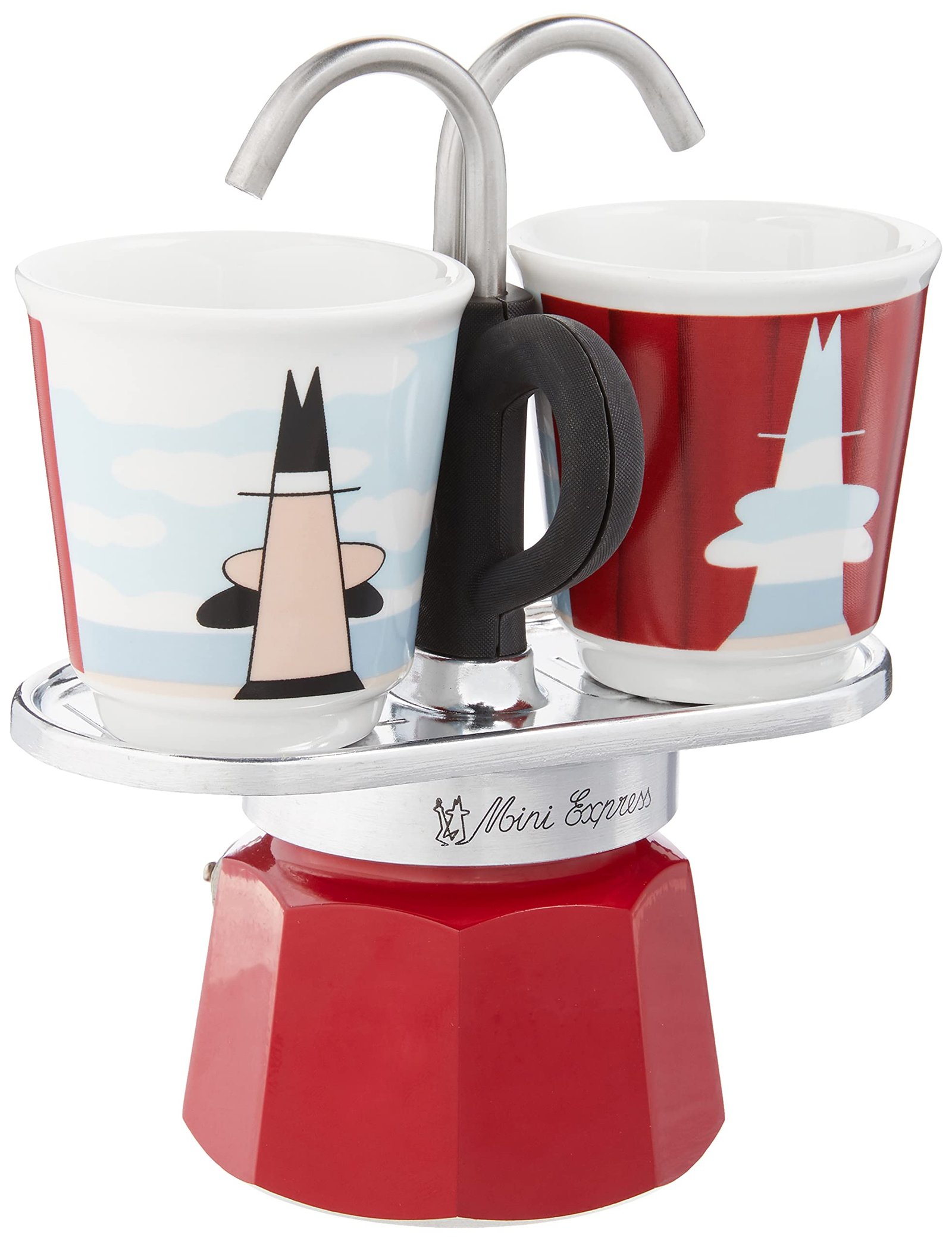 Bialetti Mini Express Magritte Stovetop Coffee Maker – Aluminum 2-Cup Espresso Maker with 2 Shot Glasses, Compact Moka Pot for Home & Office, Durable Coffee Maker for Rich Aromatic Espresso Brewing