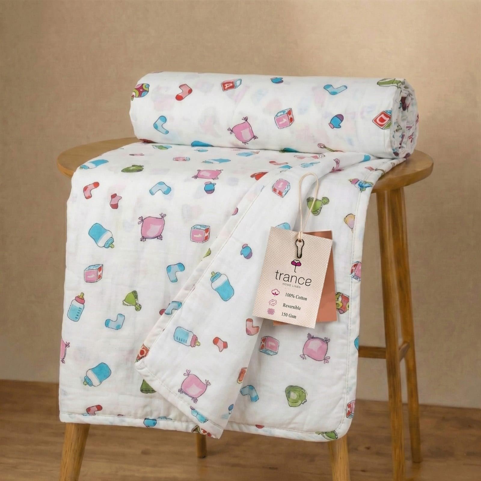 Trance Home Linen 100% Cotton | Kids Dohar | Single Bed | 150 GSM | Reversible Ac Comforter | Light Weight All Season Soft Blanket (58×90 Inches | Caps and Dies)