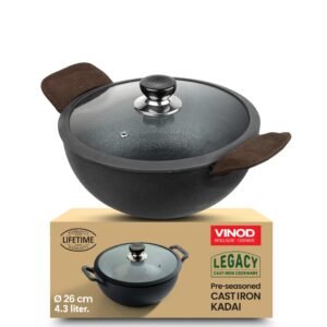 Vinod Legacy Pre-Seasoned Cast Iron Kadai 4.3 L, 26cm | Kadhai with Glass Lid | 100% Pure, Naturally Stick-Free | Gas Compatible | Traditional Kadai for Biryani, Curry & Deep Frying | Healthy Cooking