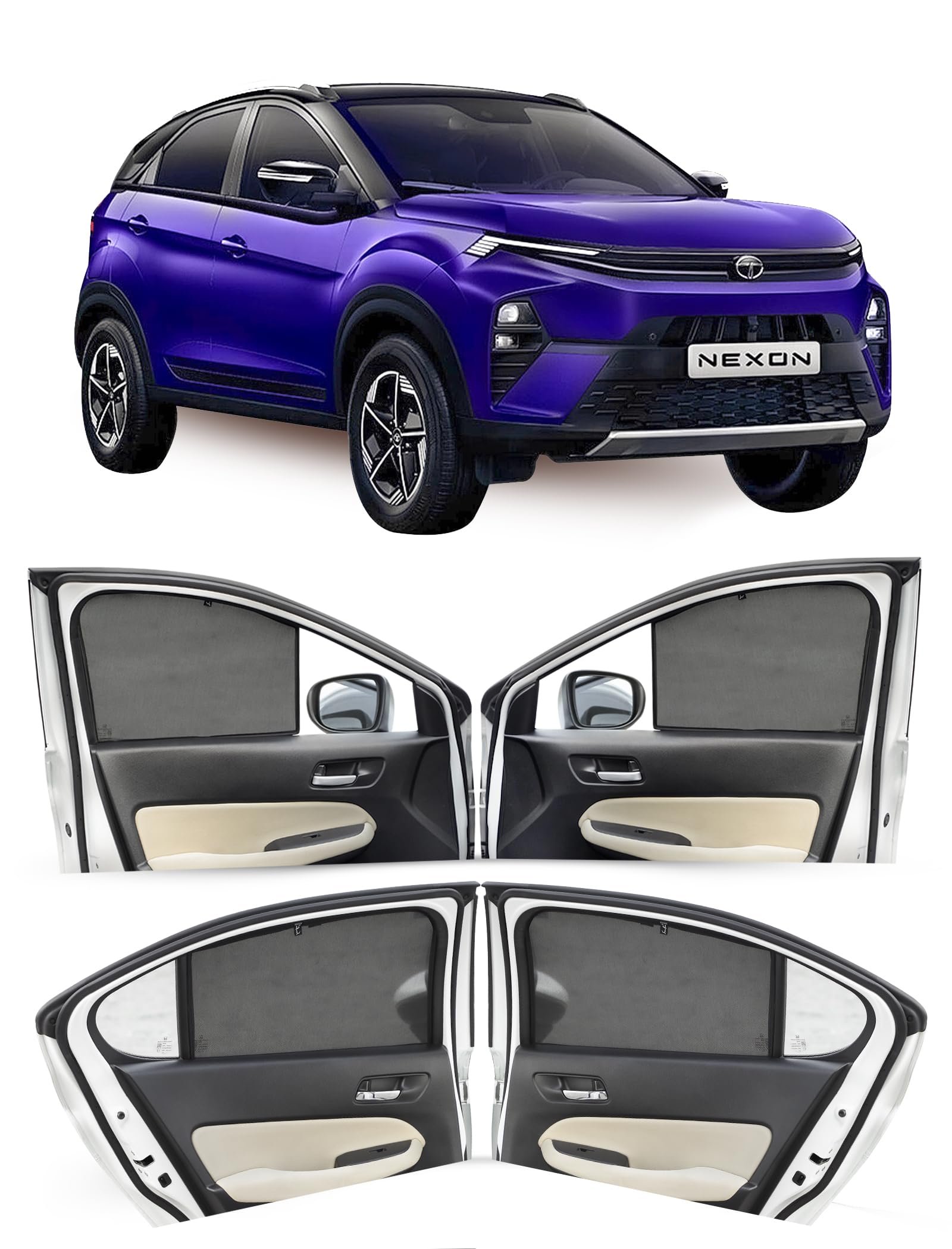 Autofact Car Sunshades for Tata Nexon, UV Protection, Useful Car Accessories, Custom fit Sun Shades for Side Windows, Set of 4