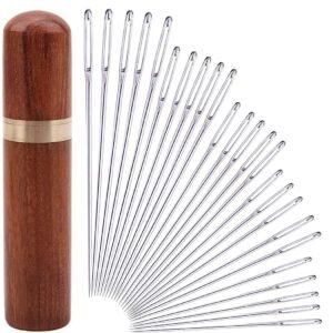 25Pieces Hand Sewing Big Eye Needles Sharp Needle，with Solid Wood Needle Case for