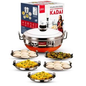 QSEC Stainless Steel 5 plate – 29 cm Idli Maker Multi Kadai with Copper Bottom, 5L Heavy Gauge Idli steamer set, 5 Plates (2 Idli, 2 Dhokla, 1 Momo & Patra Steamer ), Gas Stove , Food Grade, 2 Year Warranty