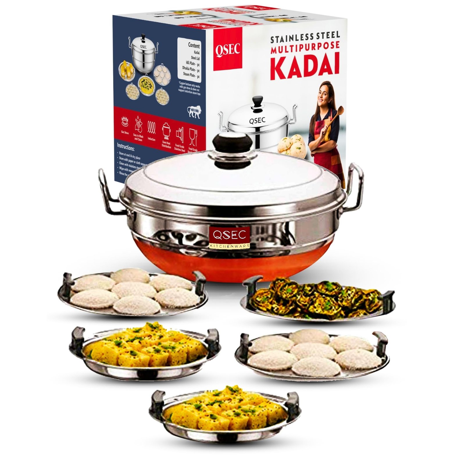 QSEC Stainless Steel 5 plate – 29 cm Idli Maker Multi Kadai with Copper Bottom, 5L Heavy Gauge Idli steamer set, 5 Plates (2 Idli, 2 Dhokla, 1 Momo & Patra Steamer ), Gas Stove , Food Grade, 2 Year Warranty