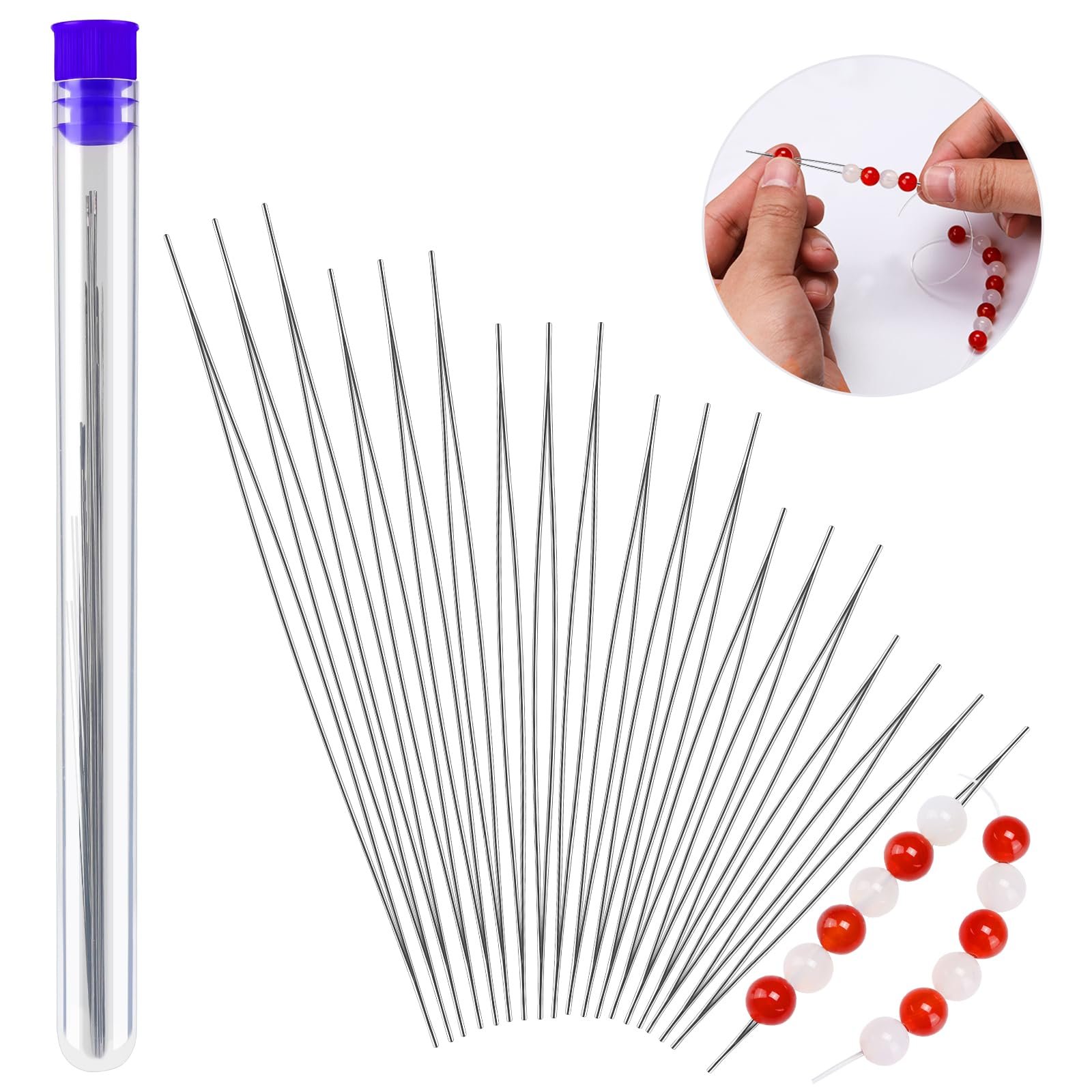 18 Pieces Beading Needles Set – 6 Sizes Seed Beads Embroidery Needles With Big Eye Collapsible Design for Jewelry Making – Includes Needle Bottle