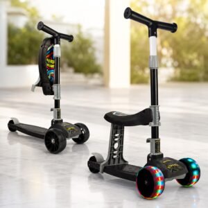 NHR 2-in-1 Kick Scooter for Kids, 3-Wheel Ride-On Scooter with Foldable Seat, LED Flashing Wheels, Adjustable Height, Toddler Scooter for Boys & Girls Ages 2-5 Years, Birthday Gift, Black