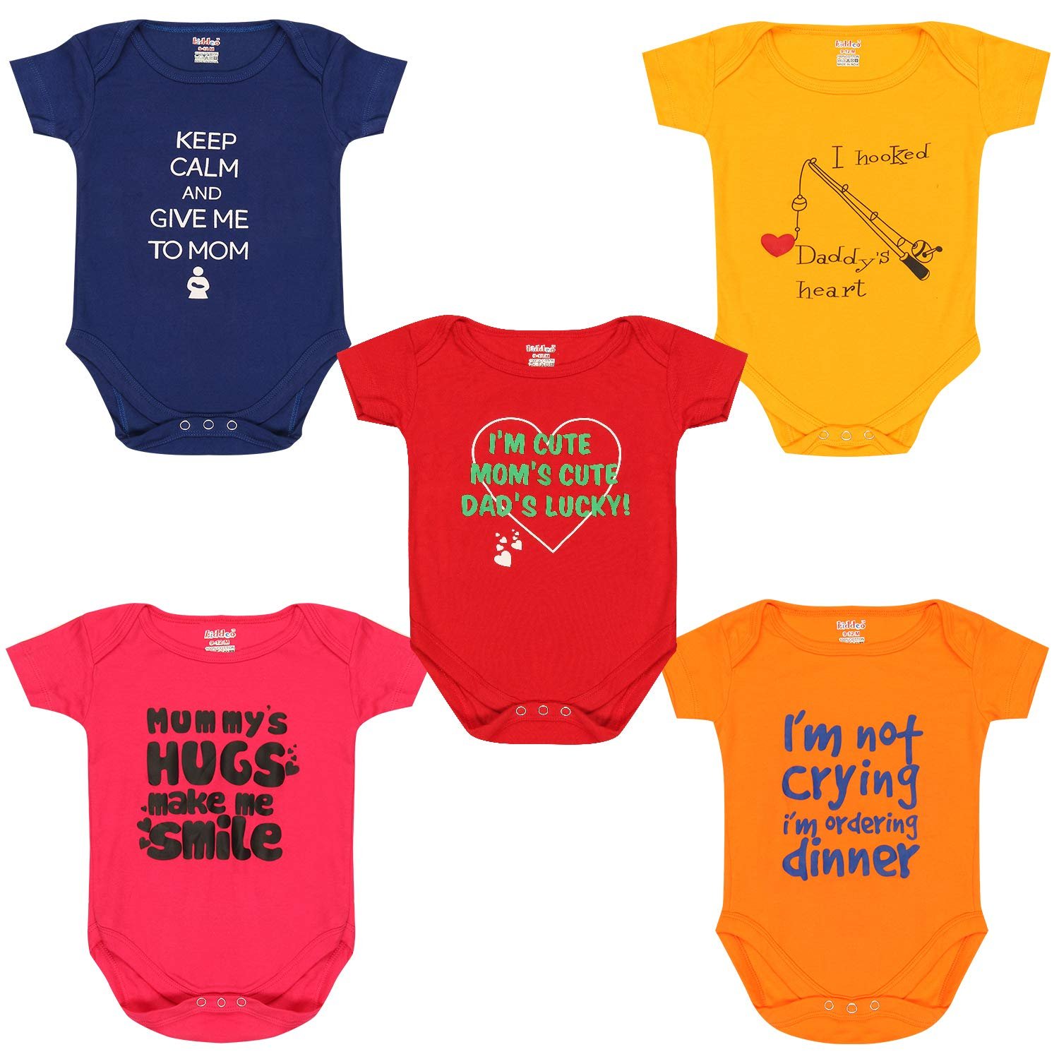 kiddeo New Born Baby Multi-Color 100% Cotton,Very Soft fabric and funky quotes printed Sleep Suit Romper, Body Suit for Boys and Girls Combos(Pack of 5)