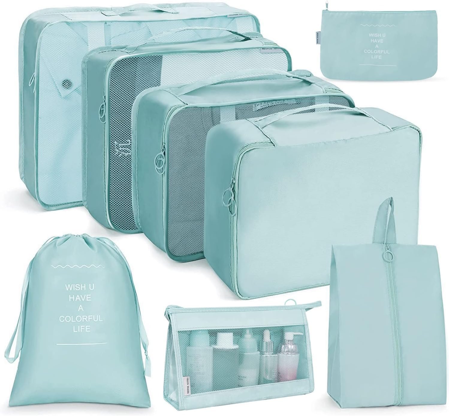 Avenux 8pcs Set Travel Organizer Packing Cubes Lightweight Travel Luggage Organizers with Laundry Bag or Toiletry Bag Laundry Organiser (Blue, 8 PCS)