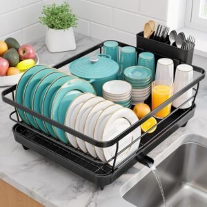 Umite Chef Large Dish Drying Rack for Kitchen Counter, Black Metal Dish Drainer with Drainboard, Utensil Holder, Cup Holder, Rust Resistant Kitchen Dish Rack with Water Drain Spout for Countertop