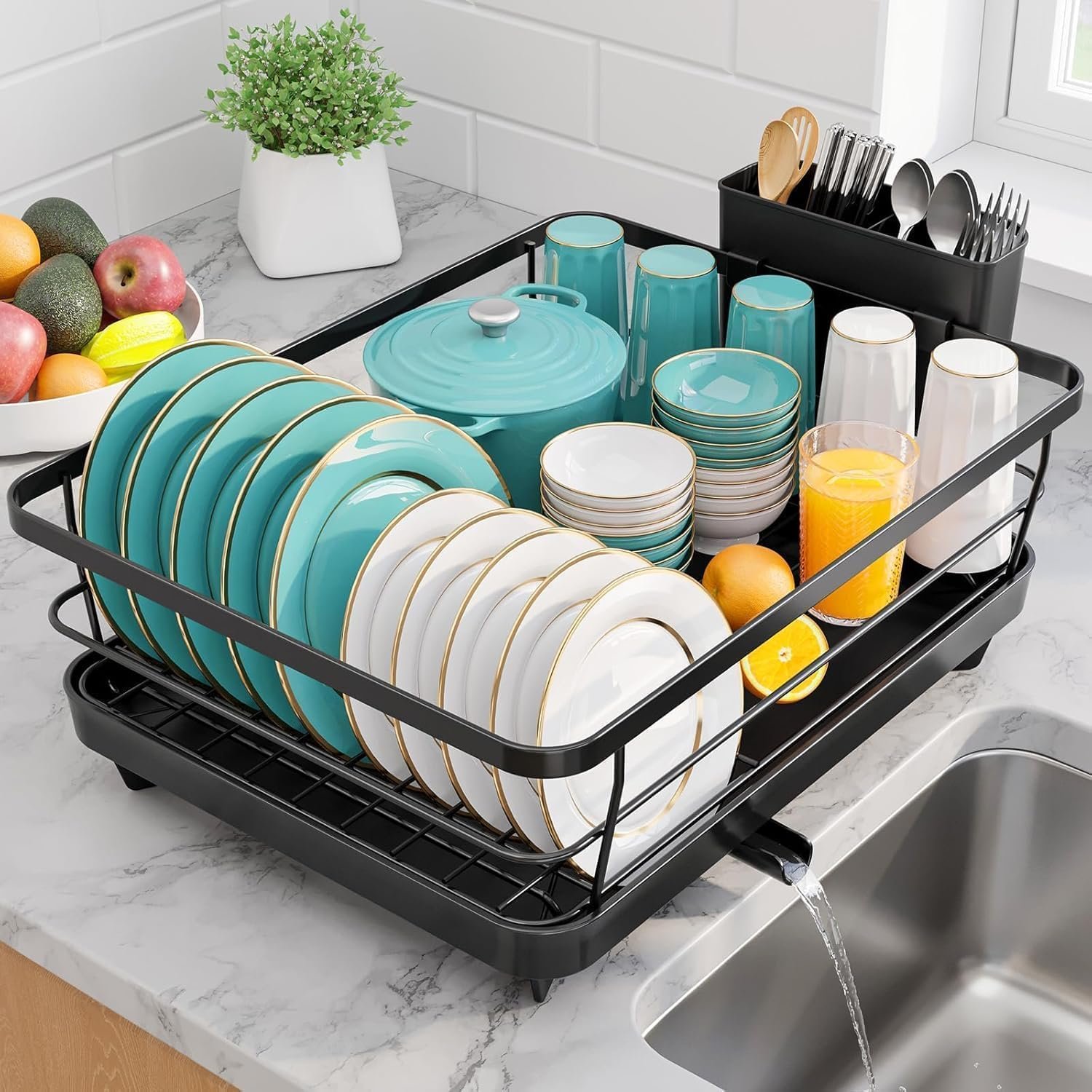 Umite Chef Large Dish Drying Rack for Kitchen Counter, Black Metal Dish Drainer with Drainboard, Utensil Holder, Cup Holder, Rust Resistant Kitchen Dish Rack with Water Drain Spout for Countertop