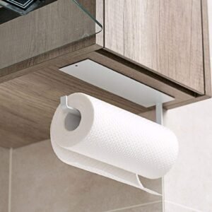 Kitchen Roll Hanger, Kitchen Paper Rack Wall Mounted, Paper Towel Holder, Napkin Storage Shelf, Under Closet, Paper Towel Roll Holder, Self-Adhesive No Drilling Required (White)