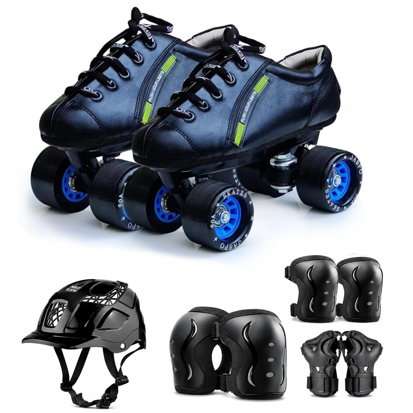 Jaspo Hail Stone Pro Shoe Skate Size-2 UK Combo (Shoe Skates+ Helmet+Knee+Elbow+Wrist Guards) Foot Length 22.9 cms (for Age Group 8-9 Years)