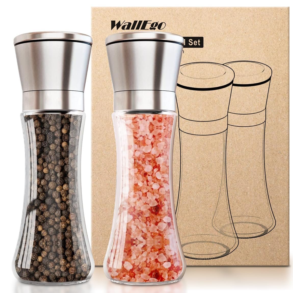 Salt and Pepper Grinder Set, 2 Pack Adjustable Ceramic Glass Mills