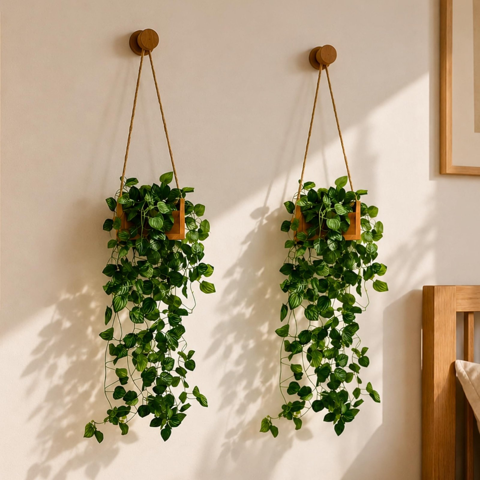 DecoreBugs Plastic Money Artificial Plant Leaves Wall Hangings For Home Decoration With Wooden Pot Pack Of 2 (Hanging Fall 60 Cm), Decorative Items For Home Living Room And Office