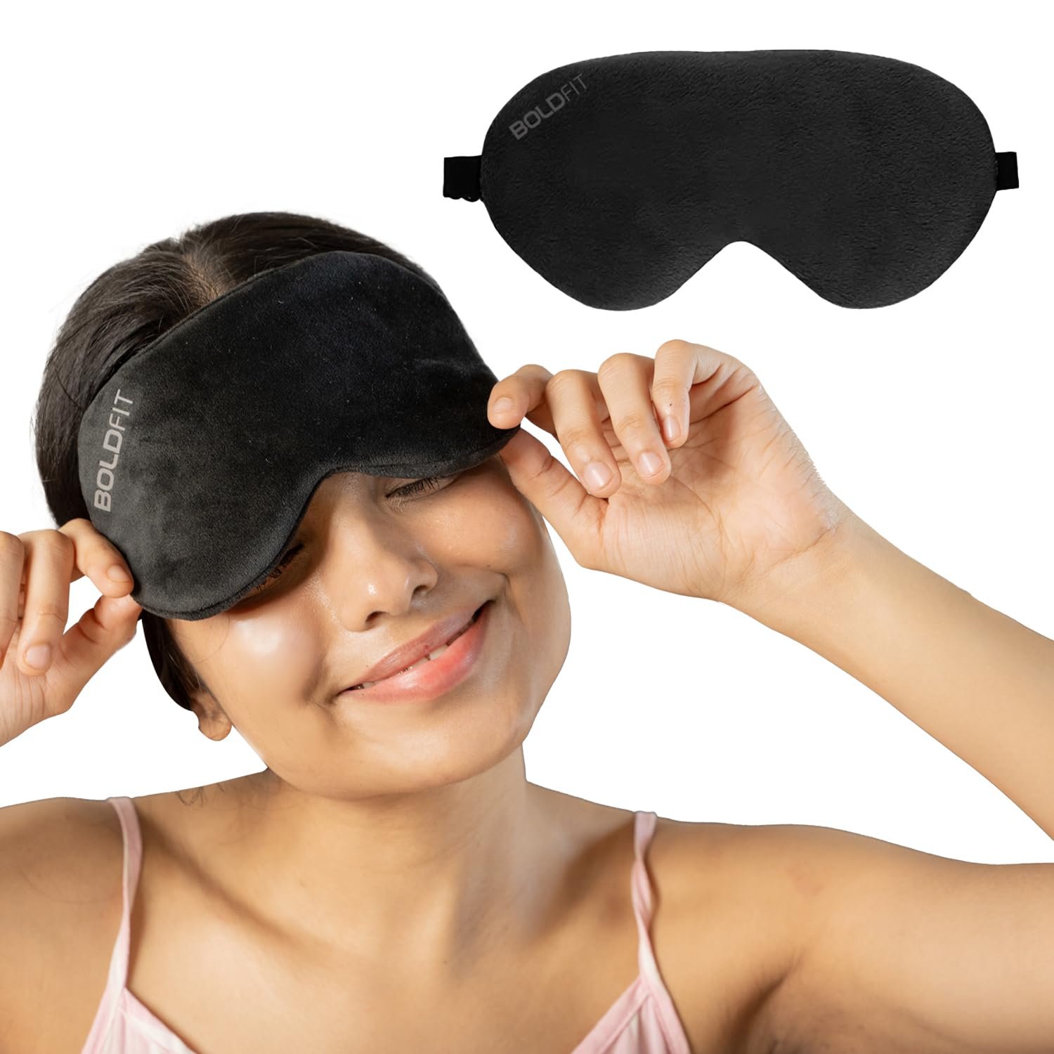Boldfit Eye Mask for Sleeping with Adjustable Strap Super Soft Sleeping Mask Blind Fold for Comfortable Sleep Travelling Sleep Mask Pad for Girls Sleeping Eye Mask Blind Folds for Sleeping – Black