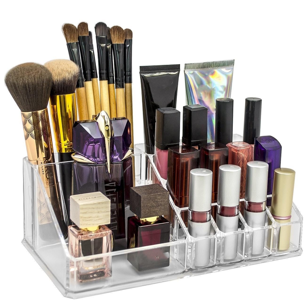 INOVERA (LABEL) Plastic 16 Compartment Cosmetic Display Cases Makeup Lipstick Storage Organizer Holder Box Case,Transparent (22L x 12.2W x 7.5H)