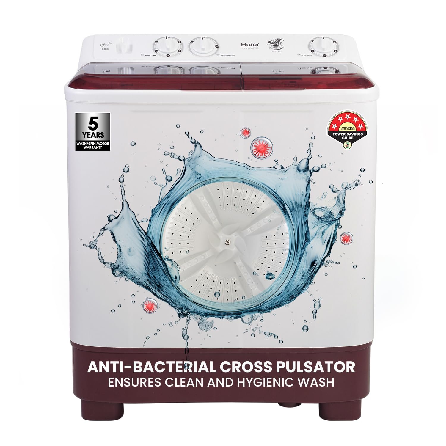 Haier 7 Kg 5 Star Semi Automatic Top Load Washing Machine with Anti Bacterial Cross Pulsator and Spray Function (HTW70-1187BTN, Anti Rat Mesh, Magic Filter, Castors, Burgundy)