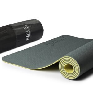 Fitness Mantra® TPE Dual Color Anti-Slip Yoga Mat with Cover Bag for Gym Workout and Yoga Exercise for Men & Women Fitness| 1 Piece| 6mm| 24″x72″|Premium Dual Color Mat| Army + Lemon|