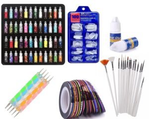 URBANMAC Nail Art Kit – 48 Pcs Glass Bottles Glitter Stones, 100 Nails,10 Nail Tapes, 15 Nail Art brush, 5 Nail Dotting Pen with 2 Glue (Nail Art Kit)
