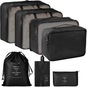 TS WITH TECHSUN Travel Organizer 7 in 1 Travel Laundry Cosmetics Luggage Packing Organizers Set Makeup Bags Organizer Packing Cubes with Shoe Bag for Travel, Nylon (Black)