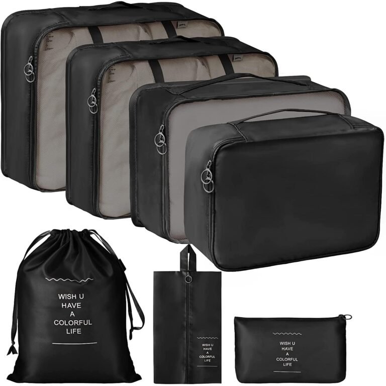 TS WITH TECHSUN Travel Organizer 7 in 1 Travel Laundry Cosmetics Luggage Packing Organizers Set Makeup Bags Organizer Packing Cubes with Shoe Bag for Travel, Nylon (Black)