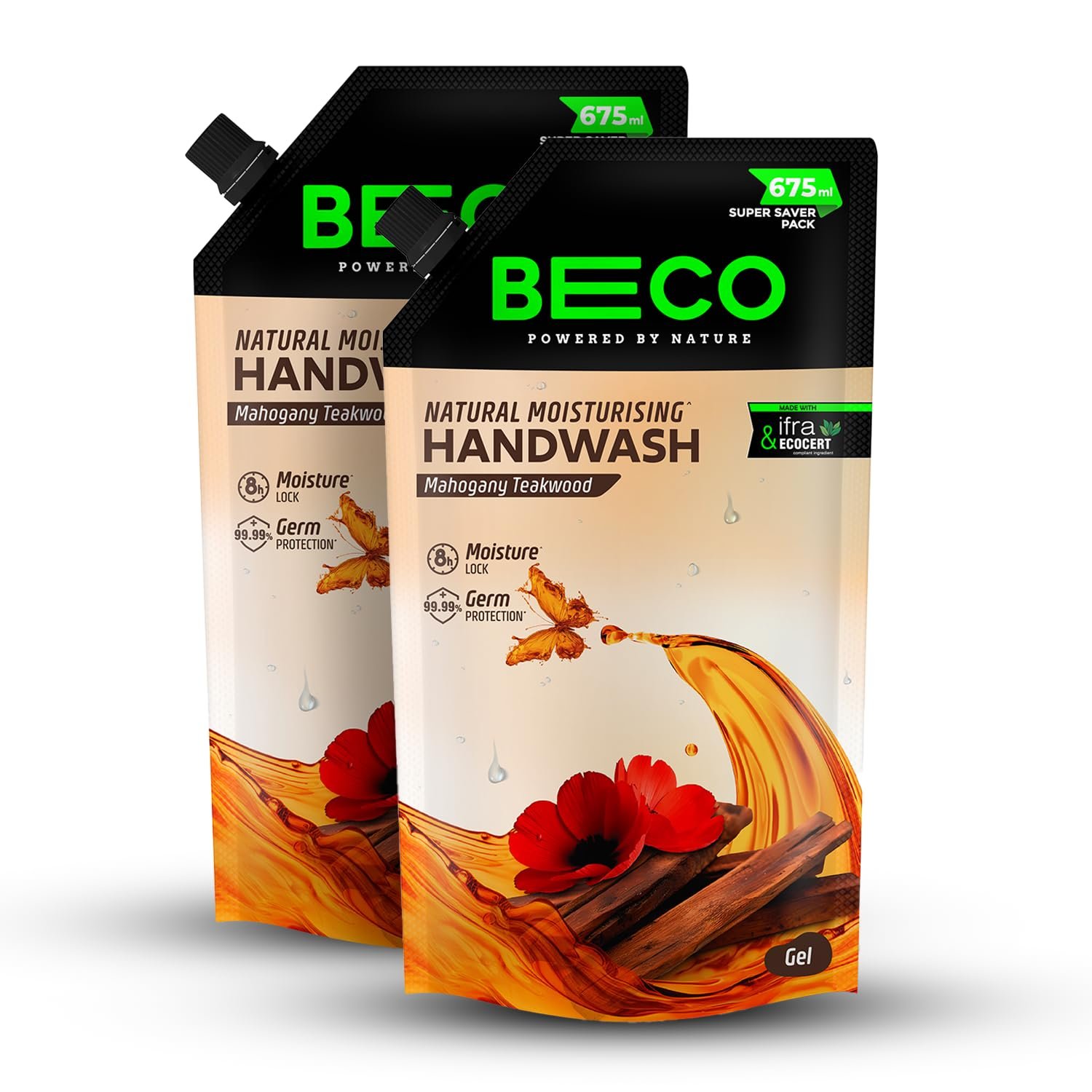 Beco Moisturising Liquid Handwash-Mahogany Teakwood | Pack of 2 | 675 ml | 8-hr moisture lock | Natural | for all Skin types