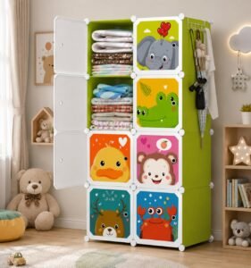 Rainspire Kids Cartoon Wardrobe Closet | Modular Plastic Almirah for Baby & Kids | Multi-Layer Storage Cabinet with Hanging Rod | Plastic Almirah for Nursery & Bedroom – Dark Green