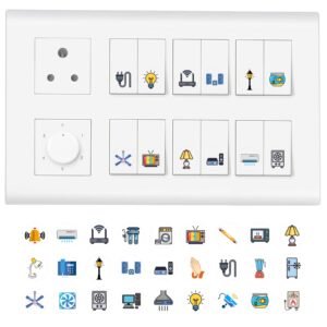 11 Strokes Switch Board Stickers for Home – 3 Sheets Self-Adhesive Switchboard Stickers with Colourful Appliance Icons, Decorative Electric Board Cover for White Wall Switches