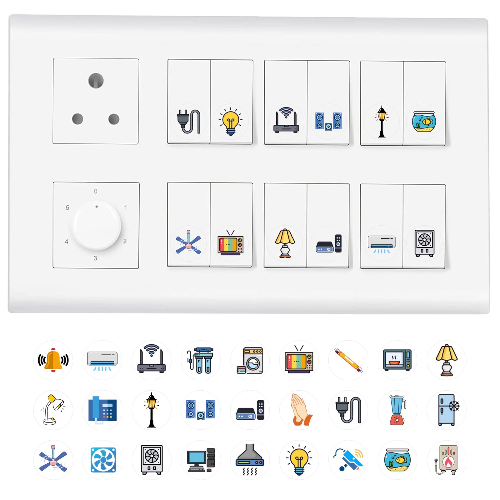 11 Strokes Switch Board Stickers for Home – 3 Sheets Self-Adhesive Switchboard Stickers with Colourful Appliance Icons, Decorative Electric Board Cover for White Wall Switches