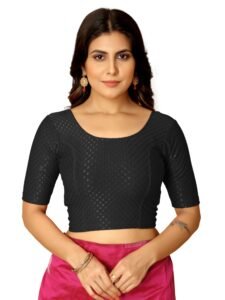 Amazon Brand – Anarva Round Neck Dobby Cotton Lycra Stretchable Elbow Half Sleeve Readymade Saree Blouse for Women Stylish