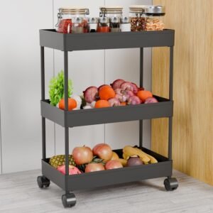 TEKCOOL Plastic Storage Rack for Bedroom/Shelf for Bedroom/Bathroom Storage Rack/Trolley for Kitchen Storage/Multipurpose Storage Rack (Black, 3 Layer)