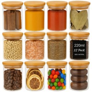 CAKETIME Spice Jars with Airtight Bamboo Lid [Round, Pack Of 12, 220ml] – Glass Spice Bottles, Seasoning Containers for Salt, Sugar, Coffee Beans – Set of 12 Jars with Wooden Lids