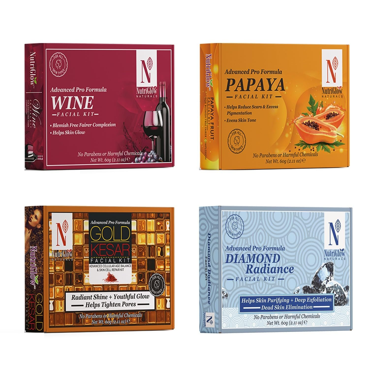 NutriGlow Facial Kit for Glowing Skin | Wine, Papaya, Diamond & Gold Kesar | Tan Removal, Anti-Ageing | All Skin Types | 60gm Each — Pack of 4