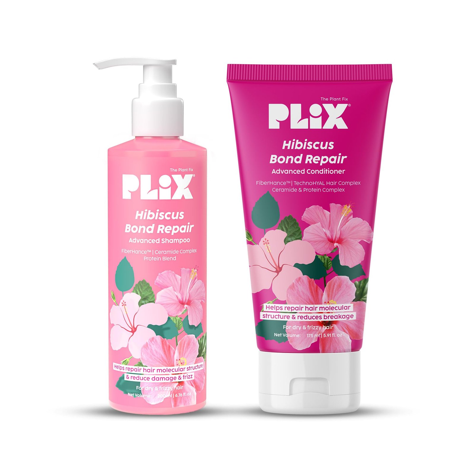 PLIX – THE PLANT FIX – Hibiscus Bond Repair Shampoo (200ml) + Conditioner (175ml) | Repairs Molecular Structure & Reduces Breakage | FiberHance™ & TechnoHYAL Hair Complex