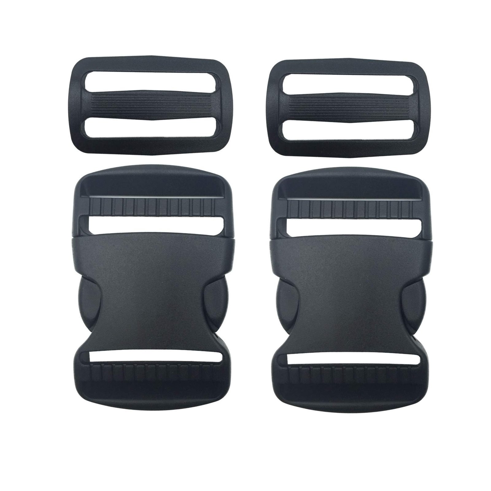 2 Set 1.5 Inch Flat Dual Adjustable Plastic Quick Side Release Plastic Buckles and Tri-Glide Slides for Luggage Straps Pet Collar Backpack Repairing (Black, Fit for 1.5”/38mm Webbing Straps)
