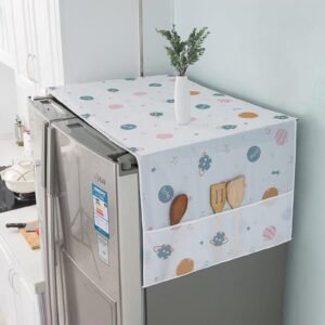 wolpin 1 Pc Top Double Door Fridge Cover | Waterproof Refrigerator Protector with Designer Prints & 6 Utility Pockets for Kitchen Organization