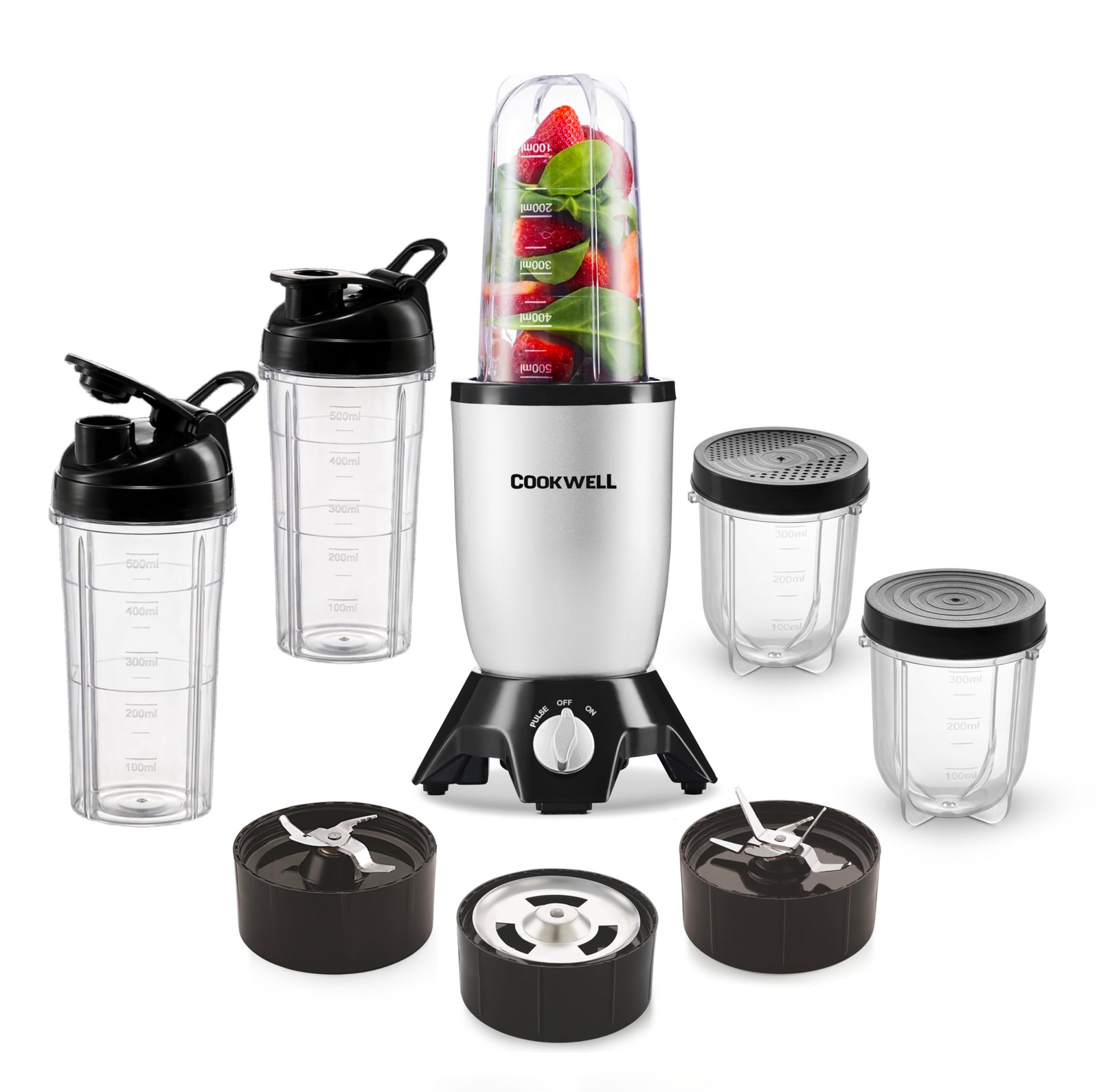 Cookwell Bullet Mixer Grinder (5 Jars, 3 Blades, Silver) – 600 Watts – 2 Year Warranty