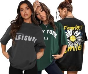 London Hills Women’s Cotton Oversized Fit Printed Round Neck Oversized T-Shirt | Loose Fit Drop Shoulder T-Shirt Pack of 3