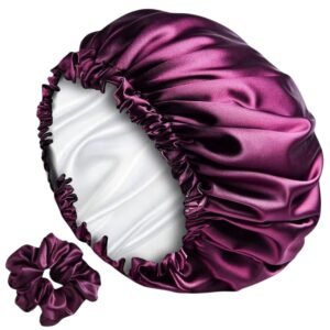 Luxury Satin Silk Hair Bonnet Cap for Sleeping with Satin Scrunchie | For Women & Girls | For Curly & All Hair Types – Wine