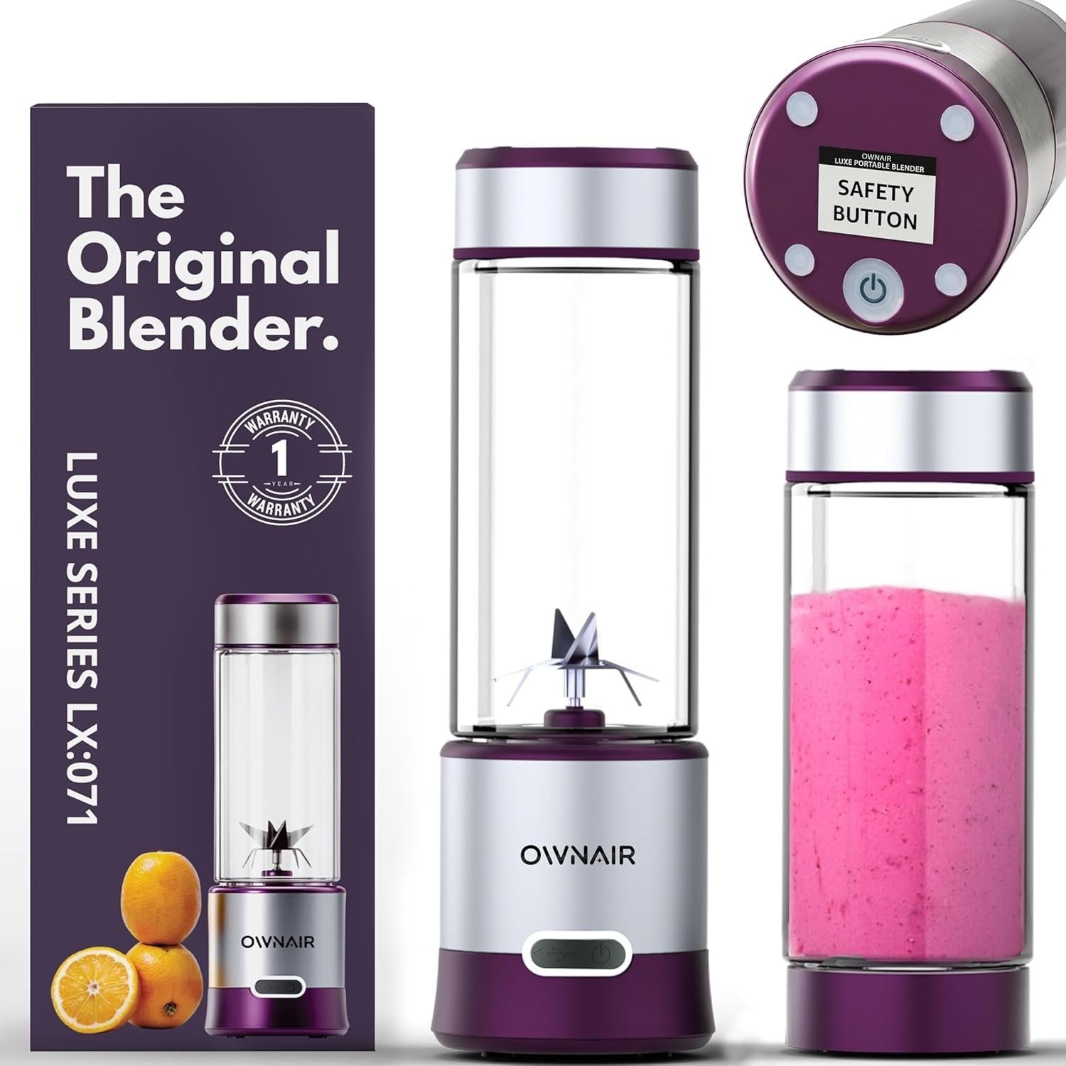 OWNAIR Portable Blender | Smoothie & Juice Maker | 126W Blender Mixer Grinder | 5000mAh Rechargeable Portable Juicer | 450ml Stainless Steel Jar | Baby Food & Smoothie Maker | Grey & Purple