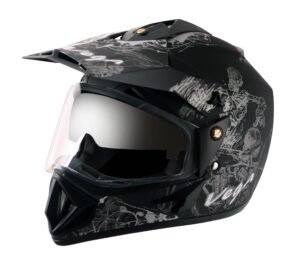 Vega Off Road Sketch ISI Certified Matte Finish Full Face Helmet for Men with Dual Visor and Stylish Peak-Dull Black Silver, Size: L