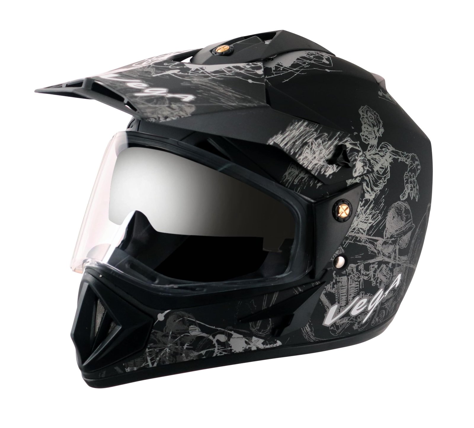 Vega Off Road Sketch ISI Certified Matte Finish Full Face Helmet for Men with Dual Visor and Stylish Peak-Dull Black Silver, Size: L