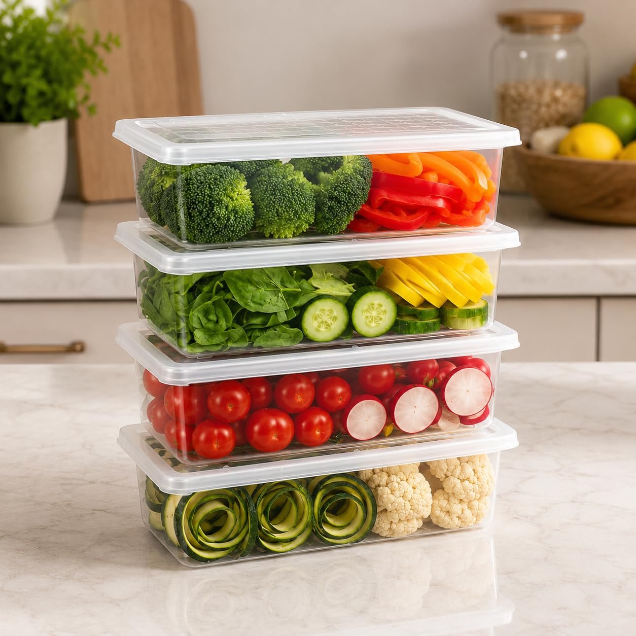Stewit® Food Storage Container with Removable Drain Plate and Lid, 1500ml Clear Plastic Produce Keeper and Fridge Organizer Box for Fresh Meat, Fruits, and Vegetables (Pack Of 6, 1500 ML)