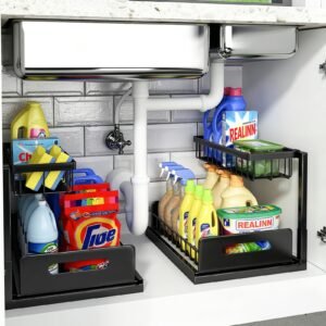 REALINN Under Sink Organizer, L-Shaped 2 Tier Pull Out Cabinet Organizer