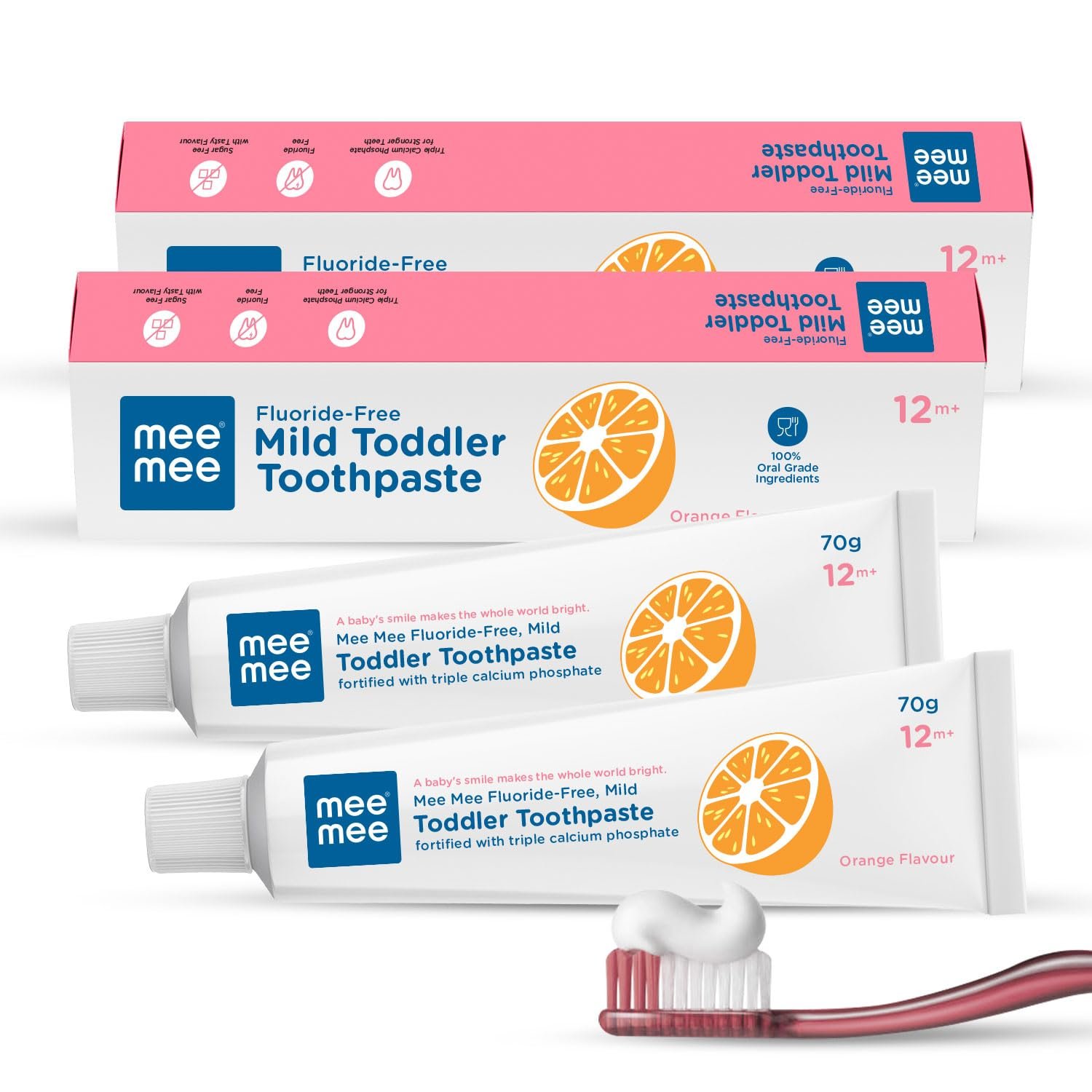 Mee Mee Fluoride-Free Baby Toothpaste for Kids Fortified with Triple Calcium Phosphate, Cavity Protection, Oral Care, Best for Baby 1 year +, 70 gram (Pack of 2, Orange)