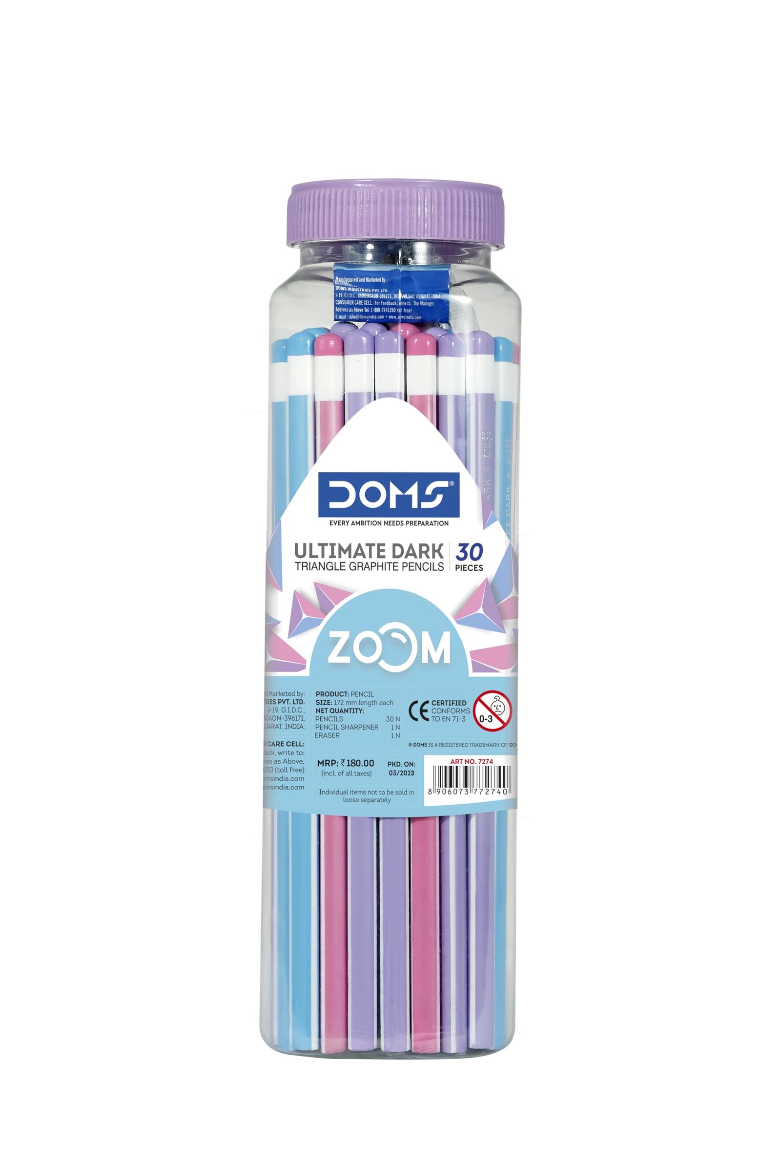 Doms Zoom Ultimate Dark Triangle Pencil | Jar Pack, 30 Pieces | Contains Pencils, Sharpener, Eraser & Scale, Multicoloured, Pack Of 1 (DM7274)