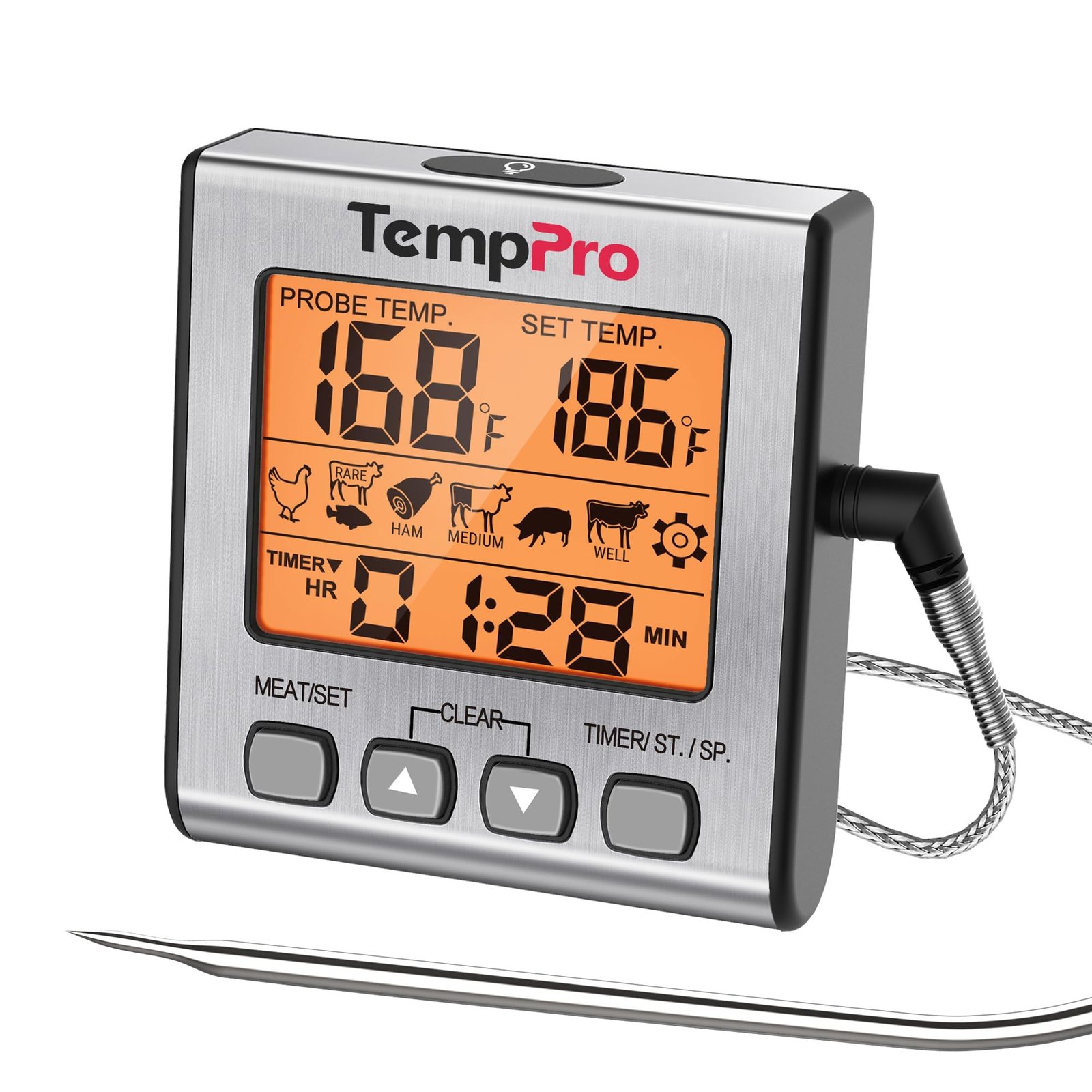 ThermoPro Glass TP-16S Digital Meat Thermometer – Accurate Candy & Food Thermometer for Smoker, Grilling & BBQ with Smart Cooking Timer and Backlight