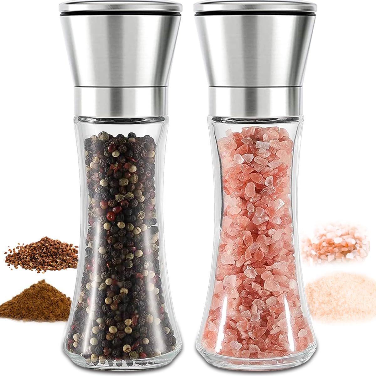 Marve Mini Pepper Grinder or Salt Grinder, Best Spice Mill with Ceramic Blades, Adjustable Coarseness, Black Pepper Mill Grinder Shaker Steel Lid (Big Pepper Mill 2 Pc)