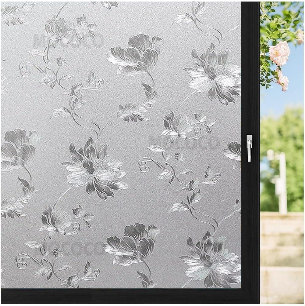 MOCOCO Premium Vinyl Privacy Stained Frosted Window Glass Film (12×25 Inch) – Self-Adhesive Tint Wallpaper Sticker Opaque Sheet for Glass Cover Window, Door, Office, Home.| Anti-UV. Frosted Flowers